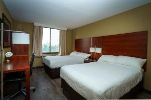 クイーンズにあるSky Hotel Flushing/Laguardia Airportのベッド2台とデスクが備わるホテルルームです。