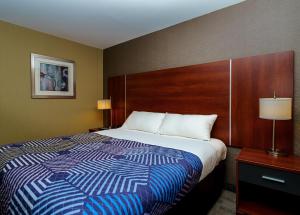 une chambre d'hôtel avec un grand lit et une tête de lit en bois dans l'établissement Sky Hotel Flushing/Laguardia Airport, à Queens