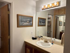 un bagno con lavandino e specchio di Long Shot Cabin a Red River Altre 26 foto