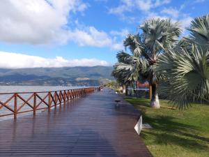 a wooden bridge over a body of water with palm trees at Maré Mansa Barê in São Sebastião
