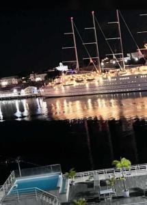 a cruise ship is docked at a dock at night at Mirador Colonial, en Riviera Colonial in Santo Domingo