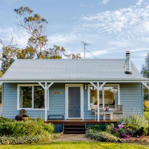 a blue house with a porch and a deck at Freshwater Creek Cottages & Farm Stay in Torquay