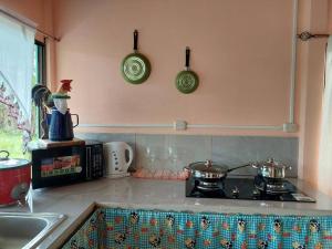 - un comptoir de cuisine avec 2 casseroles et des poêles sur une cuisinière dans l'établissement Casita Los Guarumos (Finca Las Colinas), à Bijagua