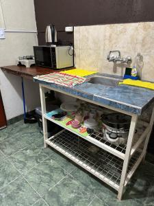 a kitchen counter with a sink and a shelf at Depto Villa Unión I in Villa Unión