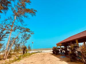 een gebouw naast een strand met een boom bij 24 Gold Homestay in Phan Thiet