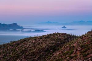 a view of a hill with fog in the distance at The Ritz-Carlton, Dove Mountain in Marana
