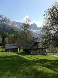 an old barn in a field with mountains in the background at 200-Jahre altes Koschuta Bauernhaus 