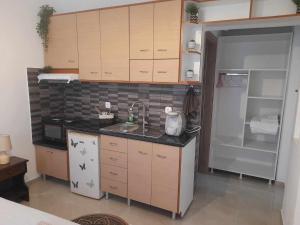 a small kitchen with a sink and a refrigerator at stegio in Parasporos