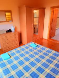 Schlafzimmer mit einem Bett, einer Kommode und einem Spiegel in der Unterkunft Вила Нина в Крамолин in Kramolin