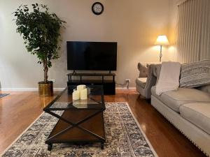 a living room with a couch and a tv at Luxe 3BR, 2BA + Hot Tub in Elmhurst