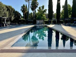 a swimming pool in a park with palm trees at La Tenuta di Rocca Bruna Country Resort in Tivoli