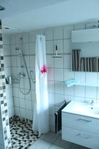 a bathroom with a shower and a sink at Eckis Hus in Garding