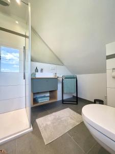 ein Bad mit einer Dusche und einem WC in der Unterkunft Ferienwohnung Fernblick in Königsberg in Bayern