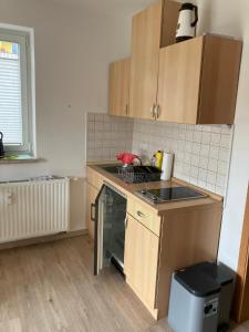 uma pequena cozinha com um lavatório e um fogão em Ferienwohnung Rhönperle Dermbach em Dermbach