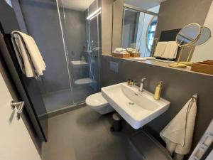 a bathroom with a sink and a toilet and a shower at Exclusive one room apartment next to Zürich main station in Zurich