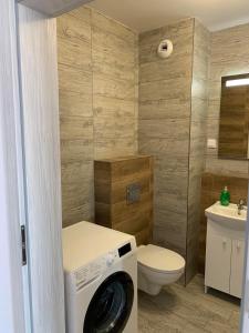 a washing machine in a bathroom with a toilet at Apartamenty Wieliszew in Wieliszew