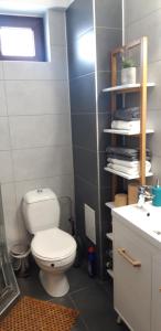 a bathroom with a white toilet and a sink at Studio Callatis Central - adults only in Mangalia