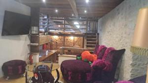 een woonkamer met paarse stoelen en een tv bij La Maisonnette d'Archiane in Châtillon-en-Diois