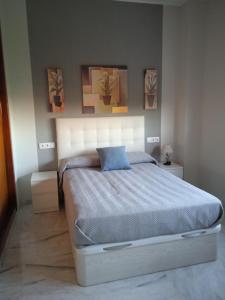 a bedroom with a bed with a blue pillow at Estudio Fibes-Lux Sevilla in Seville