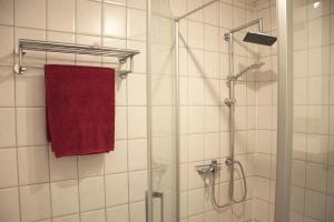 a bathroom with a shower with a red towel at Apartment Harmonie in Südbrookmerland