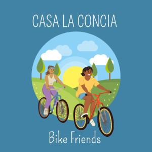 Dos personas montando en bicicleta en la ilustración del parque en Casa la Concia, en Potenza Picena