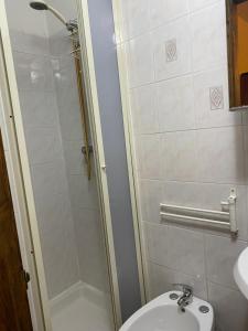 a bathroom with a shower and a toilet and a sink at LA CASA DI ANNA in SantʼEufemia a Maiella