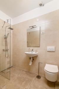 ein Badezimmer mit einem Waschbecken, einem WC und einem Spiegel in der Unterkunft Apartments with a parking space Pula - 7649 in Pula
