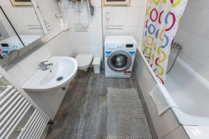 a bathroom with a washing machine and a sink at Vltava Apartments Prague 7 in Prague