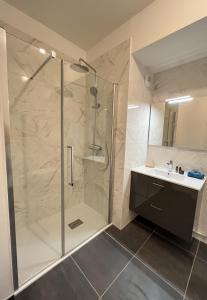 a bathroom with a shower and a sink at Vivez le panorama à 180 - PARKING - Proximité de la gare in Le Havre