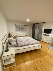 a bedroom with a bed and a desk and a television at Pod lípou in Liberec