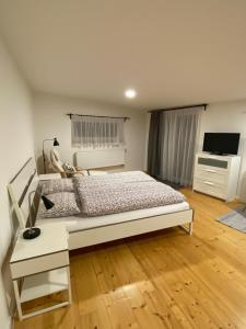 Schlafzimmer mit einem Bett, einem Schreibtisch und einem TV in der Unterkunft Pod lípou in Liberec