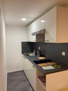 a kitchen with white cabinets and a black counter top at Pod lípou in Liberec