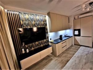 a kitchen with a large flat screen tv on a wall at Gold Apartament in Zamość