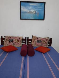 een bed met rode kussens en een foto aan de muur bij Hotel Kintop in Udugama