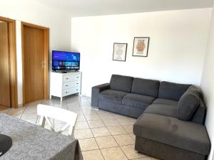a living room with a couch and a tv at Apartments Vojvoda in Poreč