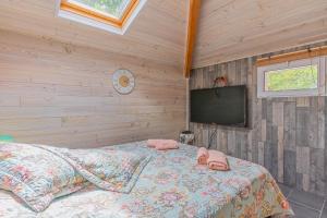a bedroom with a bed and a flat screen tv at Studio Bassin d'arcachon in La Teste-de-Buch