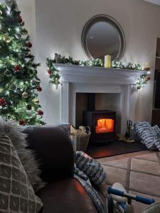 una sala de estar con un árbol de Navidad y una chimenea en 3 Bed House with HOT TUB & 2 Bed Cottage nr Loch Ness, en Inverness