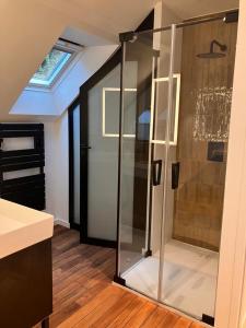 a glass shower in a bathroom with a ceiling at Tannerie 4 in Lanvallay