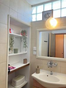 een badkamer met een wastafel en een spiegel bij Serene Oasis @ Arad in Arad