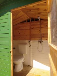 a bathroom with a toilet in a wooden building at Torre Lapillo Agricampeggio in Torre Lapillo