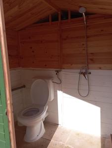W drewnianym pokoju znajduje się łazienka z toaletą. w obiekcie Torre Lapillo Agricampeggio w mieście Torre Lapillo
