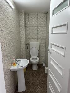 La petite salle de bains est pourvue de toilettes et d'un lavabo. dans l'établissement Közösségi ház, 