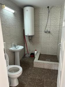 La salle de bains est pourvue d'une douche, de toilettes et d'un lavabo. dans l'établissement Közösségi ház, 
