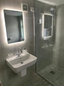 a bathroom with a sink and a shower at Farsnagh Cottage in Newport Trench +19 photos