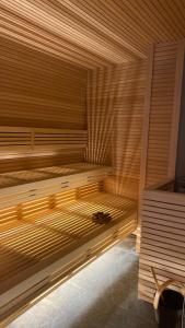 una grande sauna in legno con un gatto seduto sopra di Hotel Intermonti a Livigno