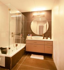 ein Bad mit einer Dusche, einem Waschbecken und einem Spiegel in der Unterkunft Hapalmah One, Jerusalem, Dira 2 in Jerusalem