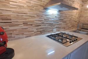 a kitchen with a stove and a stone wall at Punta Grossa - Porto Cesareo in Punta Prosciutto
