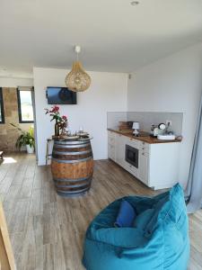 a living room with a barrel and a blue couch at Le Pavillon des pivoines in Hyères