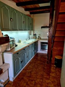 - une cuisine avec des placards verts et un évier dans l'établissement Maison de campagne à 15 km du ZooParc de Beauval, à Luçay-le-Mâle
