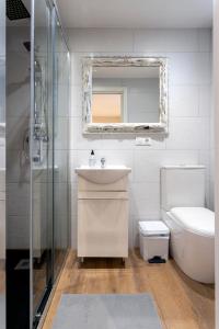 a bathroom with a sink and a toilet and a mirror at El Encanto del 12 by Unique Rooms in Burgos